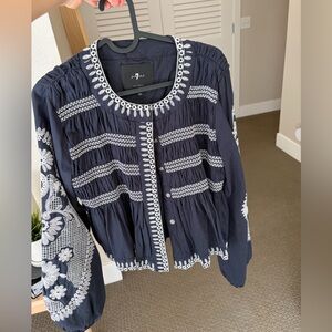 7 For All Mankind Black and White Embroidered Blazer